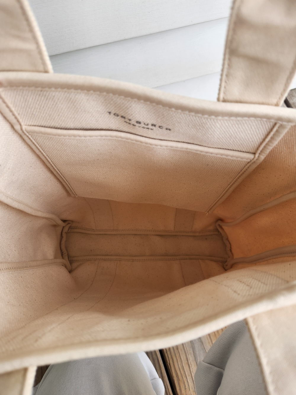 Tory Burch Cream Canvas Logo Tote with Black Print - Picture 3 of 5